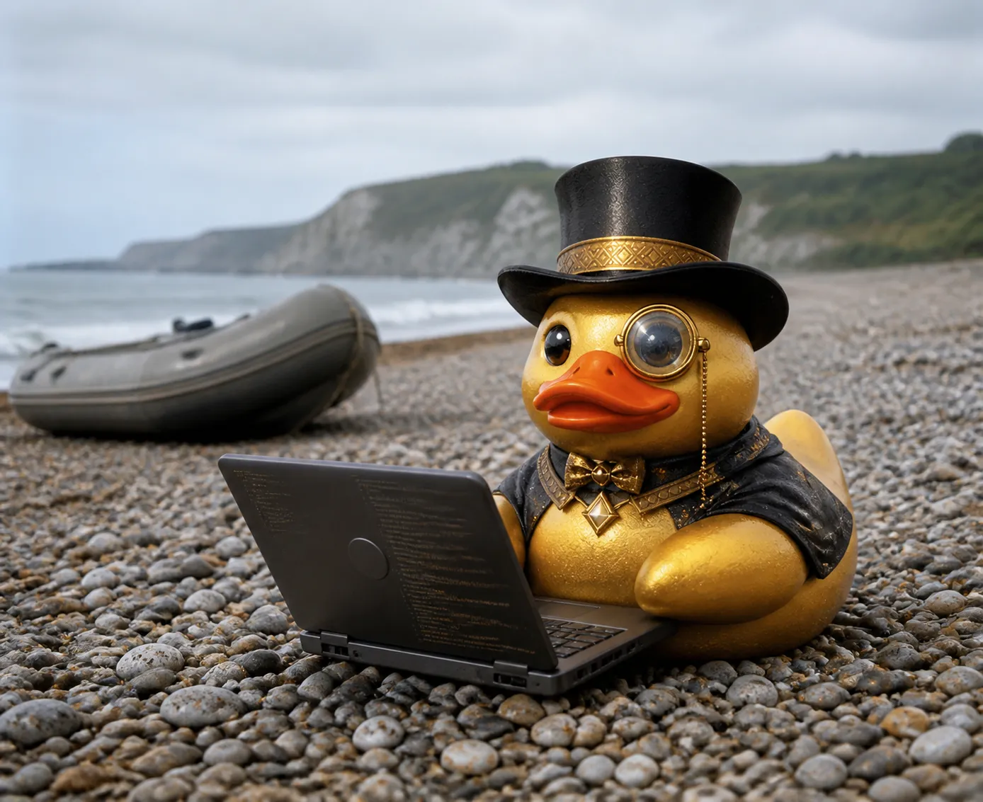A golden rubber duck in a top hat typing on a laptop on a shingle beach