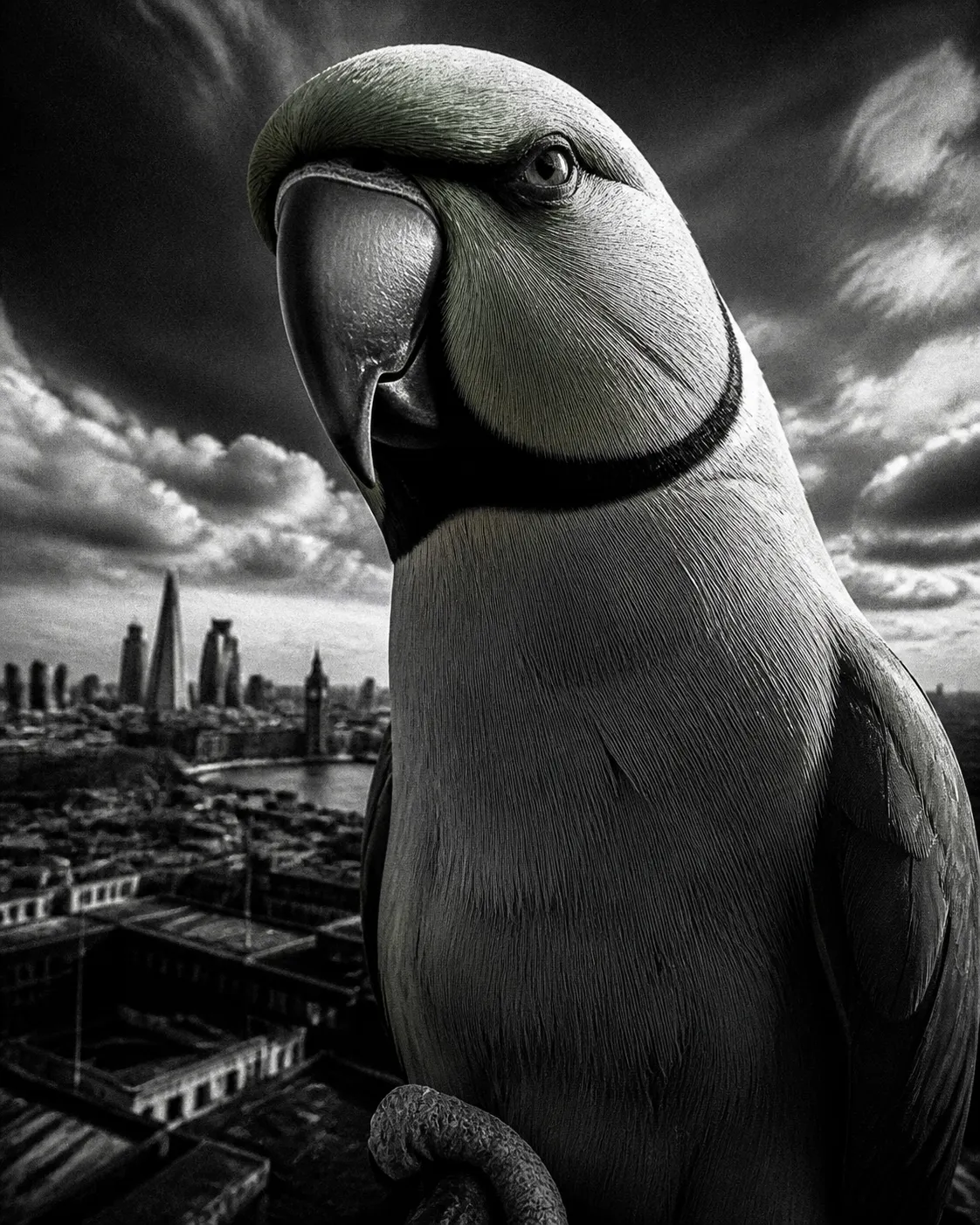 A dramatic black-and-white portrait of a parakeet on a London rooftop