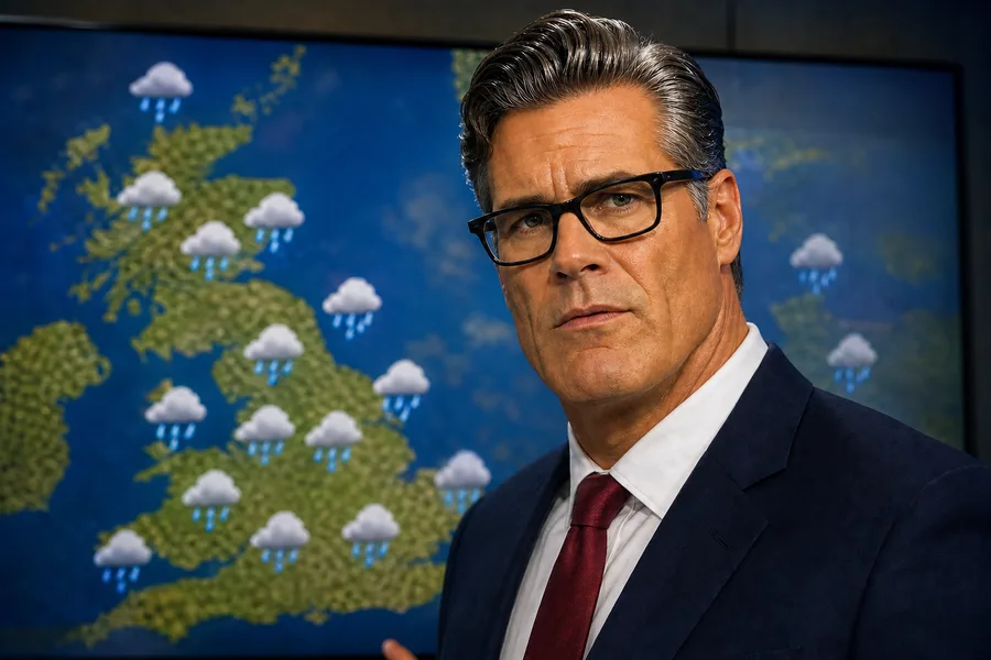 Gale Hartley: glossy swept-back greying hair, thick dark rectangular glasses and a square jaw, in front of a rainy weather map of Britain