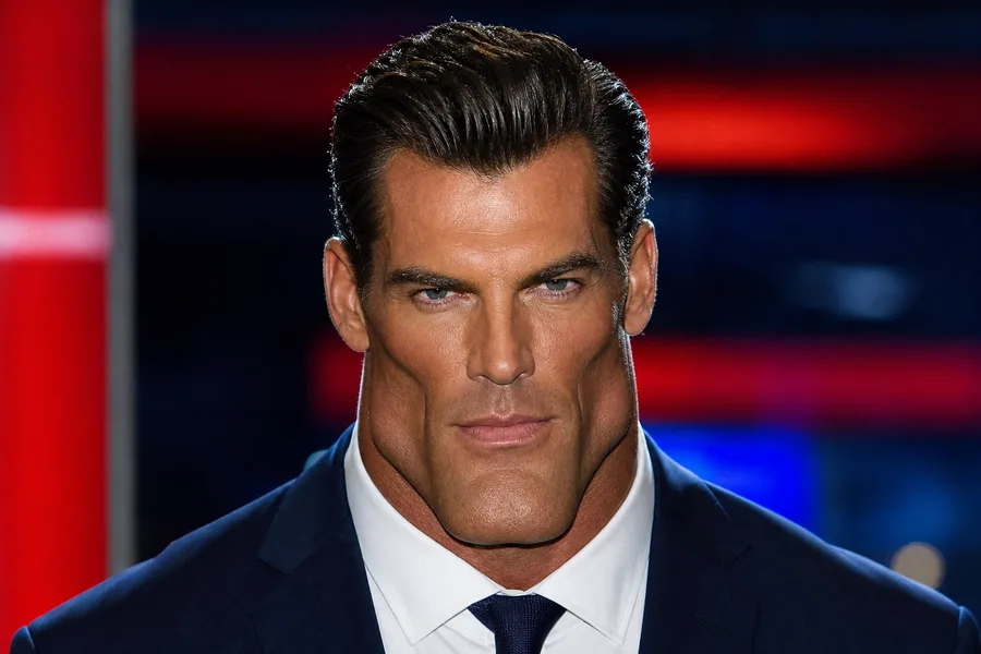 Rex Mandible: slicked-back dark hair, a deep tan and a jaw twice the width of his forehead, in a navy suit