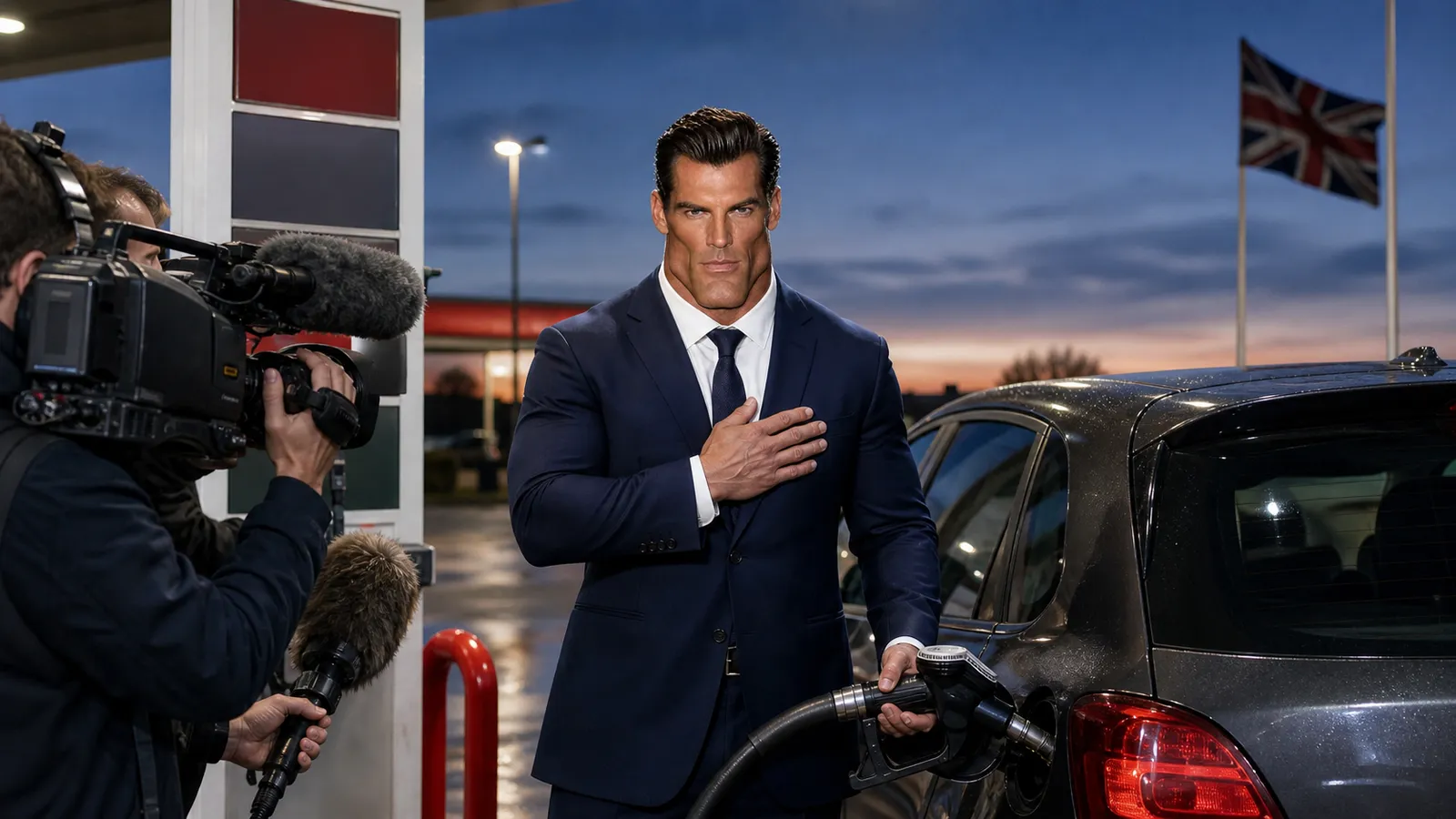 Rex Mandible at a petrol pump at dusk, hand on his heart, filling a small grey hatchback while a camera crew films him and a Union flag flies behind