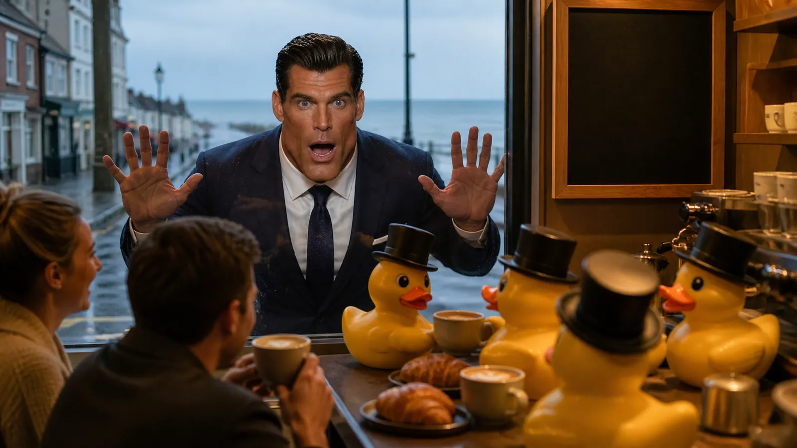 Rex Mandible pressing his face and hands against a café window in a seaside town while rubber ducks in top hats sit calmly beside coffees and croissants inside