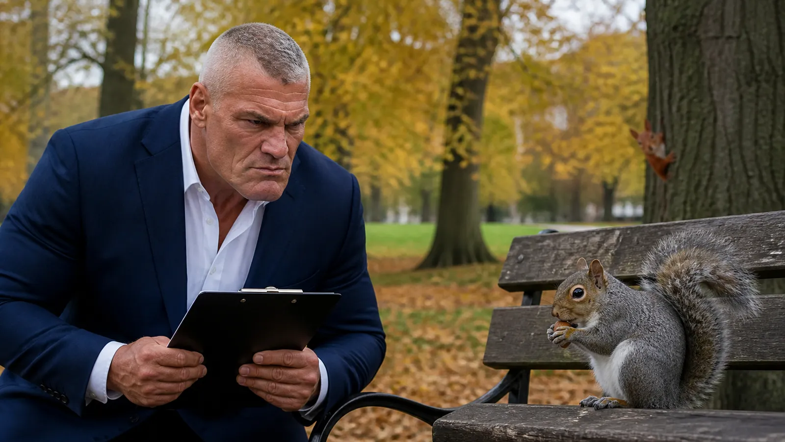 Brock Granite in a navy jacket glaring at a grey squirrel eating an acorn on an autumn park bench, clipboard in hand, while a red squirrel peeks from behind a tree