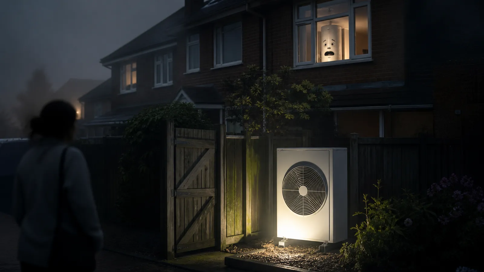 A white air-source heat pump glowing beside the wooden garden gate of a brick semi-detached house at dusk, a startled gas boiler visible in the window above