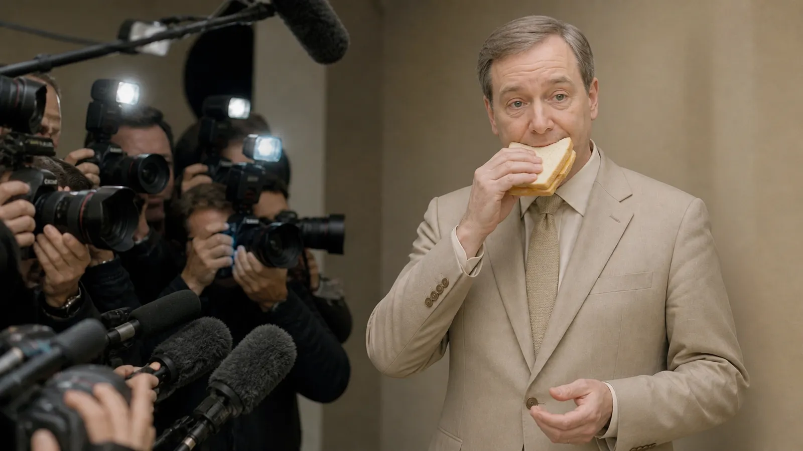 A mild man in a beige suit calmly bites a white-bread cheese sandwich while a scrum of press photographers and boom microphones crowds in on him