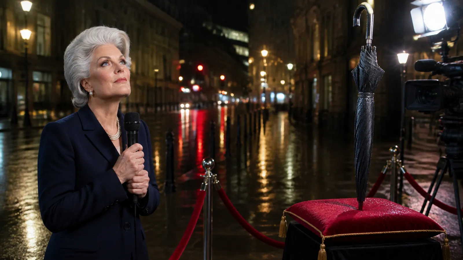 Lady Penelope Fawning, a silver-haired woman in pearls holding a microphone, gazes up in devotion at a closed black umbrella displayed on a red velvet cushion behind a rope barrier on a wet street at night