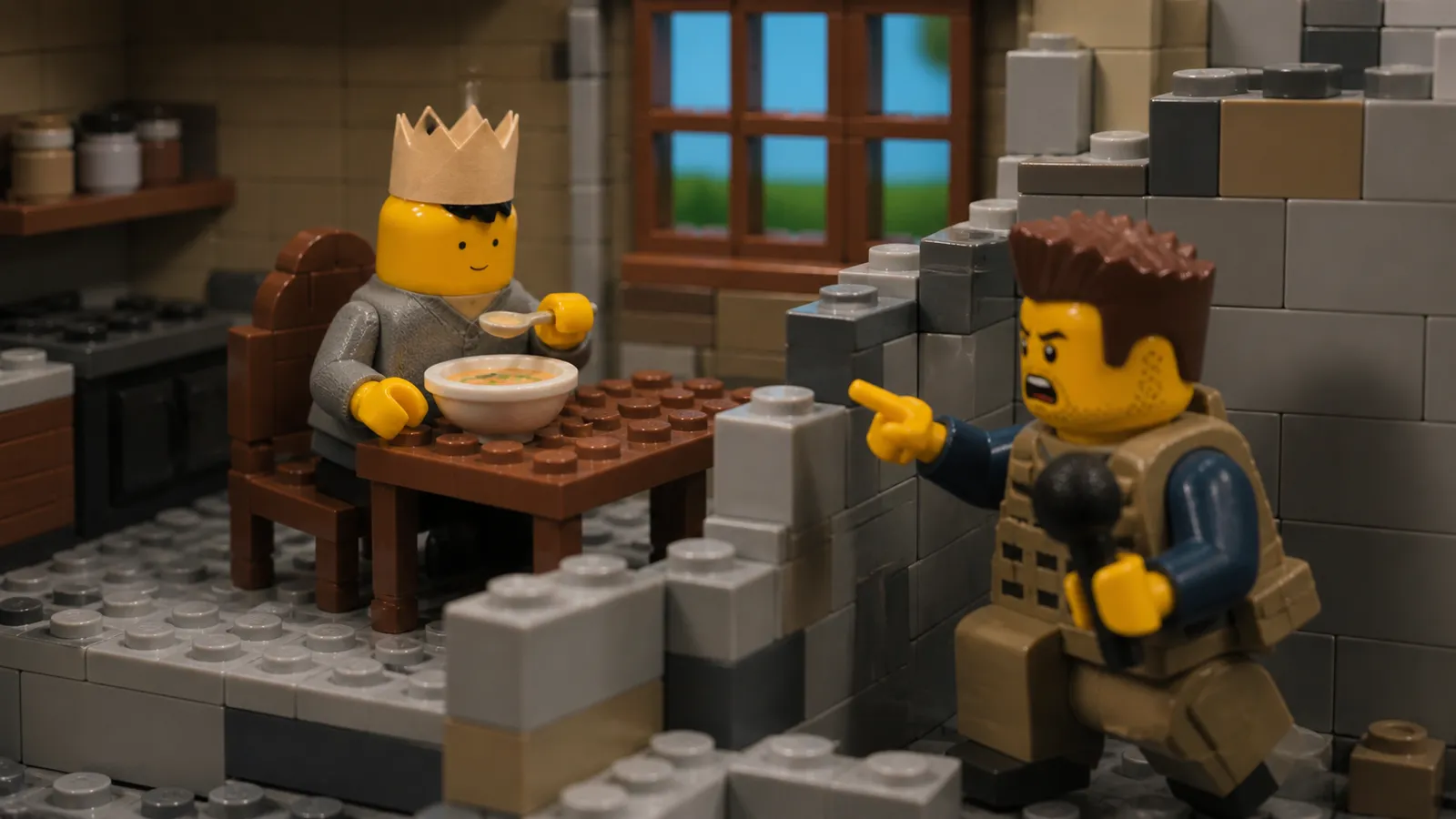 Brick-built diorama: a chinless figure in a paper crown and grey cardigan calmly eats soup at a kitchen table while a square-jawed war correspondent in a flak jacket crouches behind a brick wall pointing at him in alarm