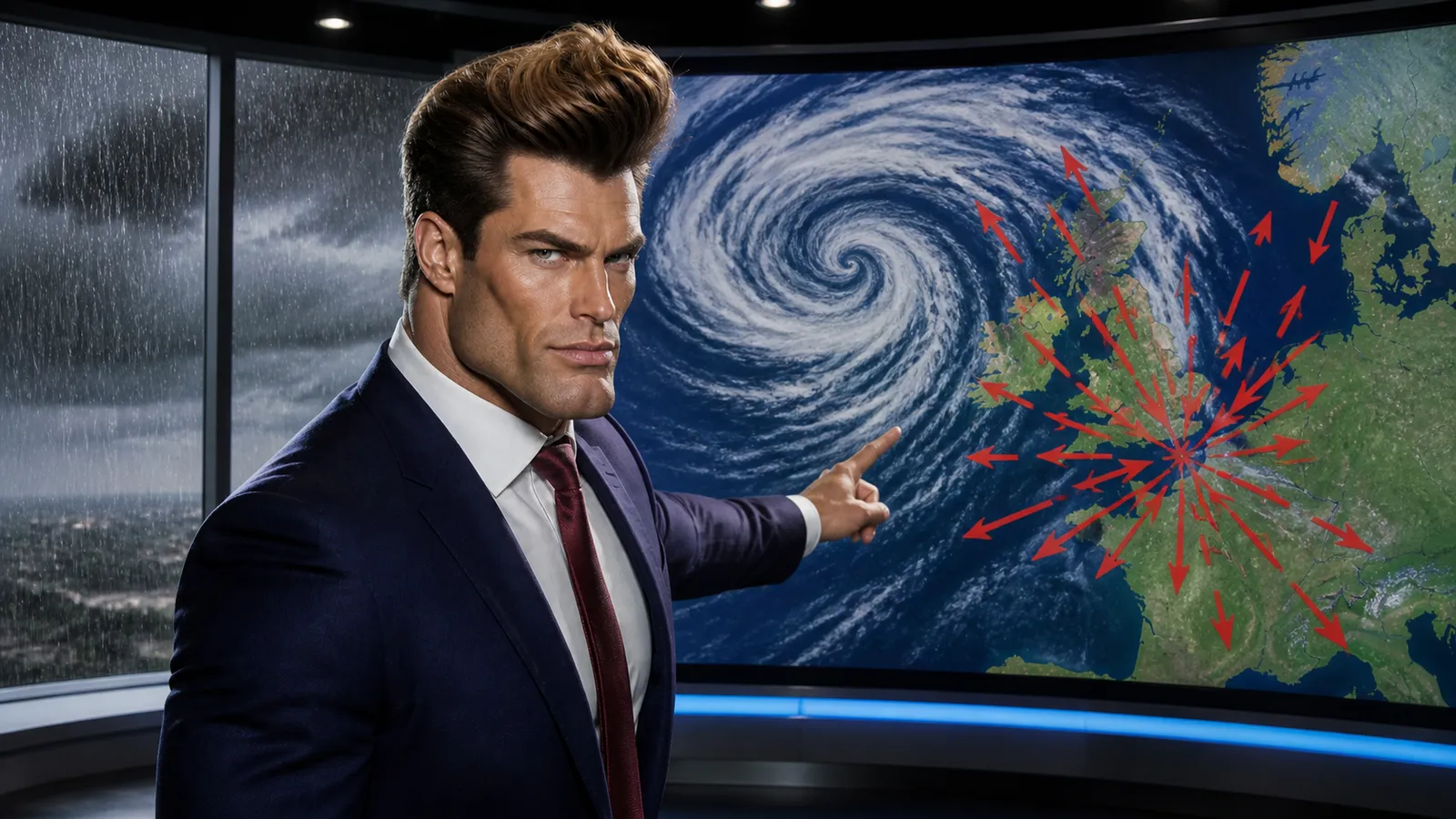 Storm Mandible, a weatherman with a towering quiff, pointing at a studio weather map showing a huge Atlantic storm and red arrows over Britain while rain lashes the window