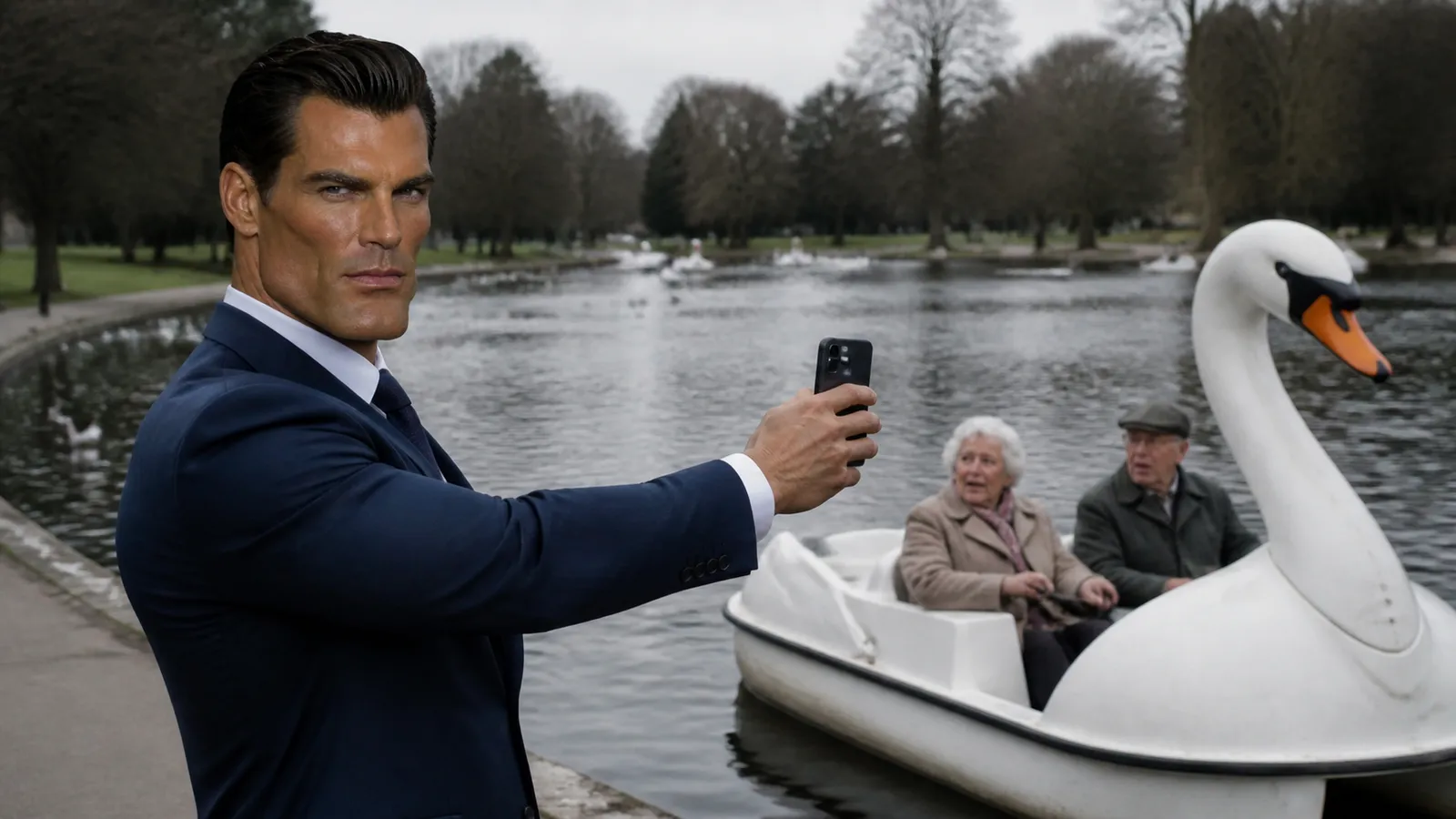 Rex Mandible in a navy suit holds his smartphone out at arm's length towards a white swan pedalo carrying a puzzled elderly couple on a park boating lake